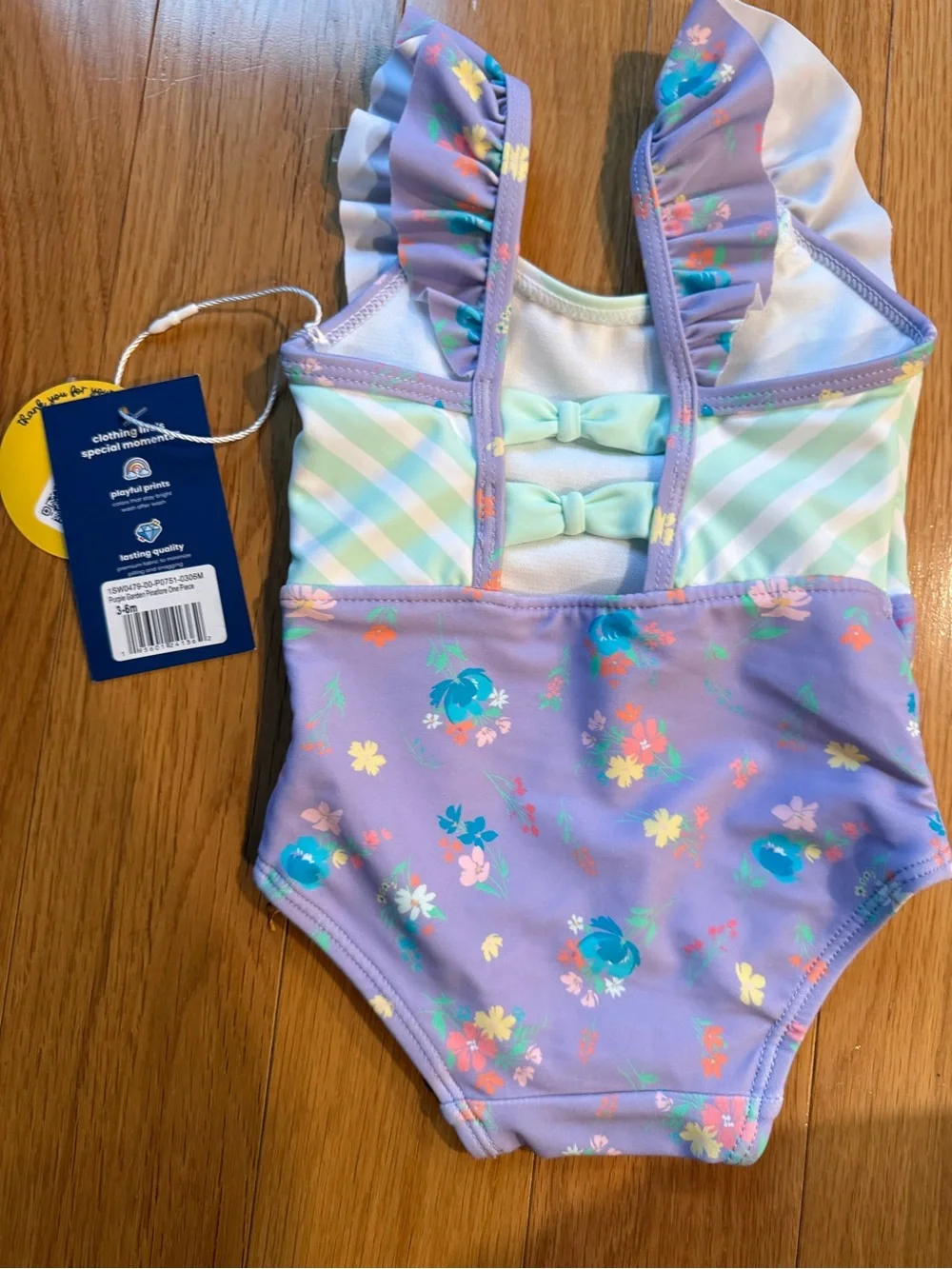 Ruffle Butts Lavender Floral Ruffle-Shoulder One-Piece with Mint Stripes